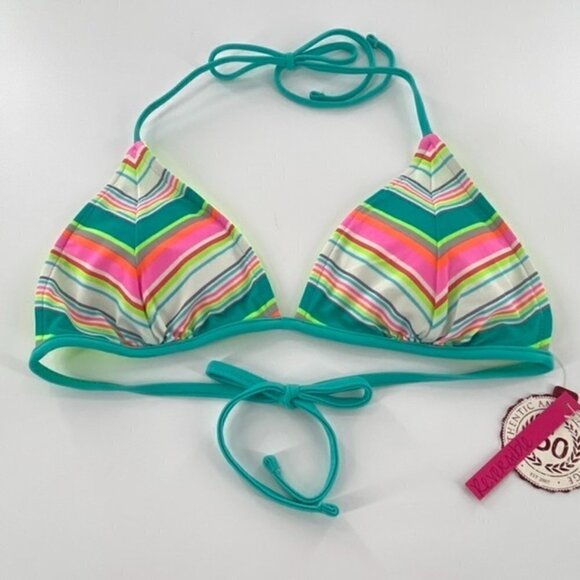 Reversible Triangle Bikini Swimsuit Halter Top Juniors Sz L Chevron Neon Green - Picture 4 of 16